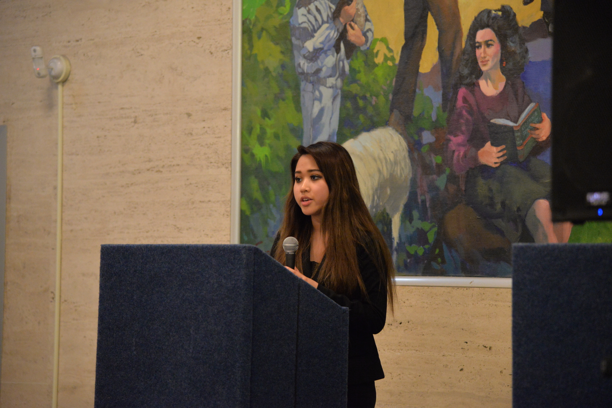Christine Savino participates in the USG debate and makes her case on why she would be the best student trustee in the North Lobby of the Union on on Feb. 23, 2017. (Amar Batra/The Daily Campus)