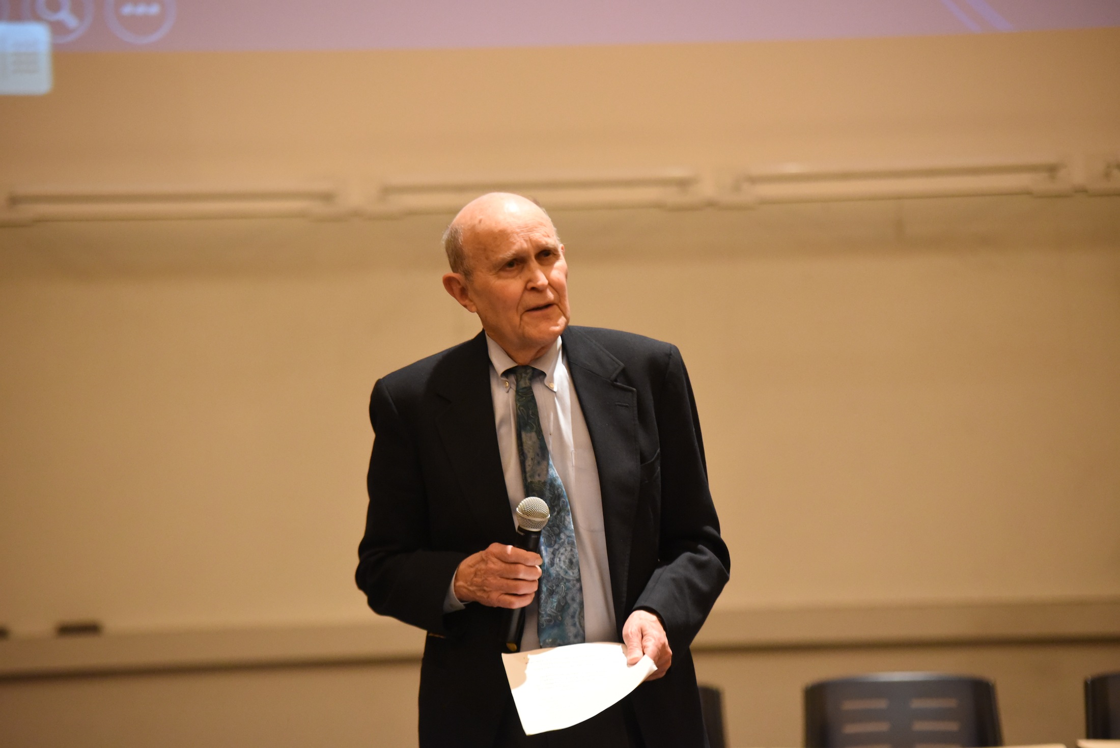 R. Kent Newmyer, UConn law professor, speaks in Laurel Hall to students and the public as part of "What's at Stake?" on Tuesday, March 7, 2017. Speakers talked about what is going to happen in the future due to Donald Trump's presidency. (Charlotte Lao/The Daily Campus)