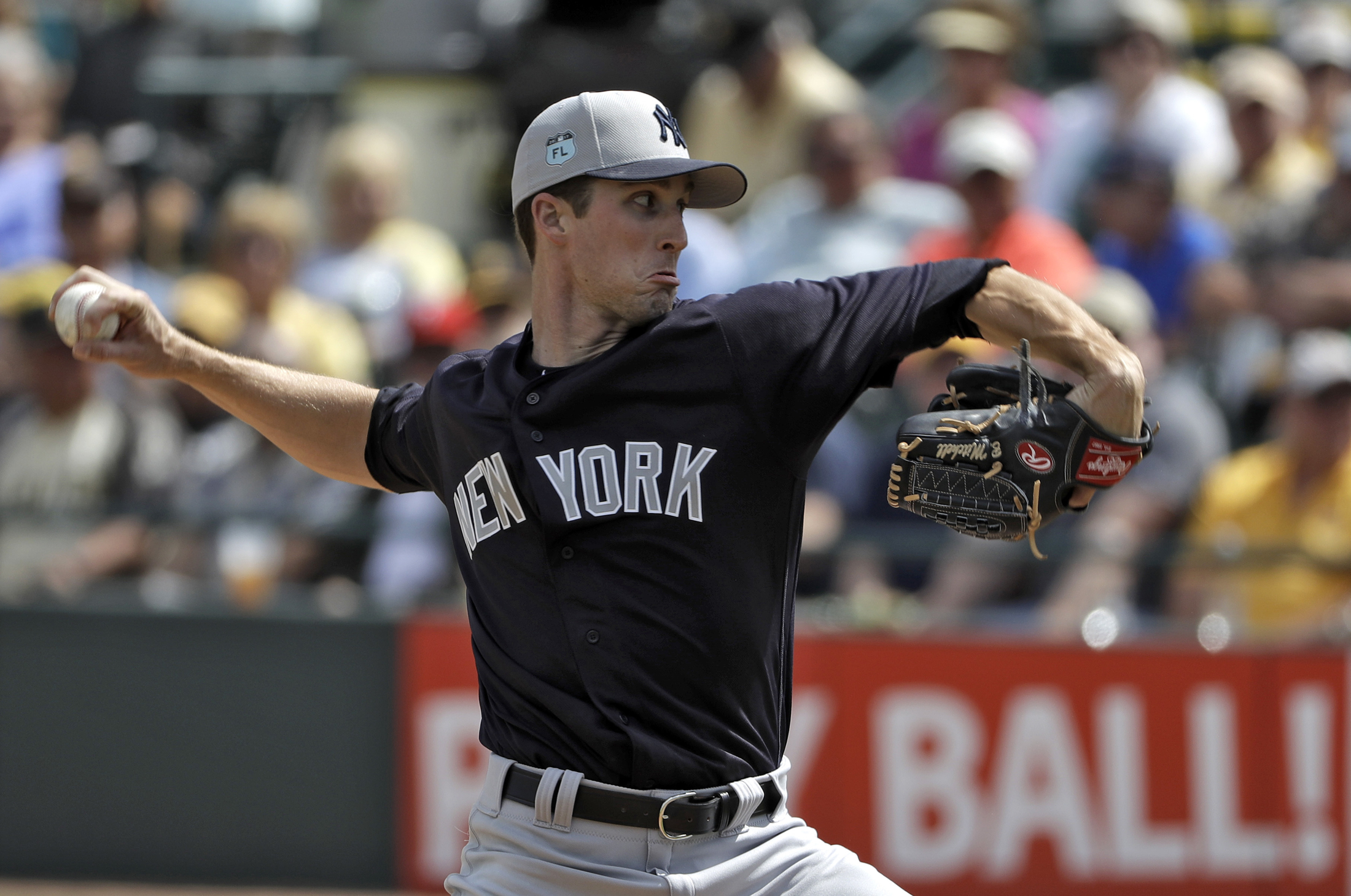 New York Yankees' Bryan Mitchell pitches to the Pittsburgh Pirates during the first inning of a spring training baseball game Monday, March 6, 2017, in Bradenton, Fla. (Chris O'Meara/AP)
