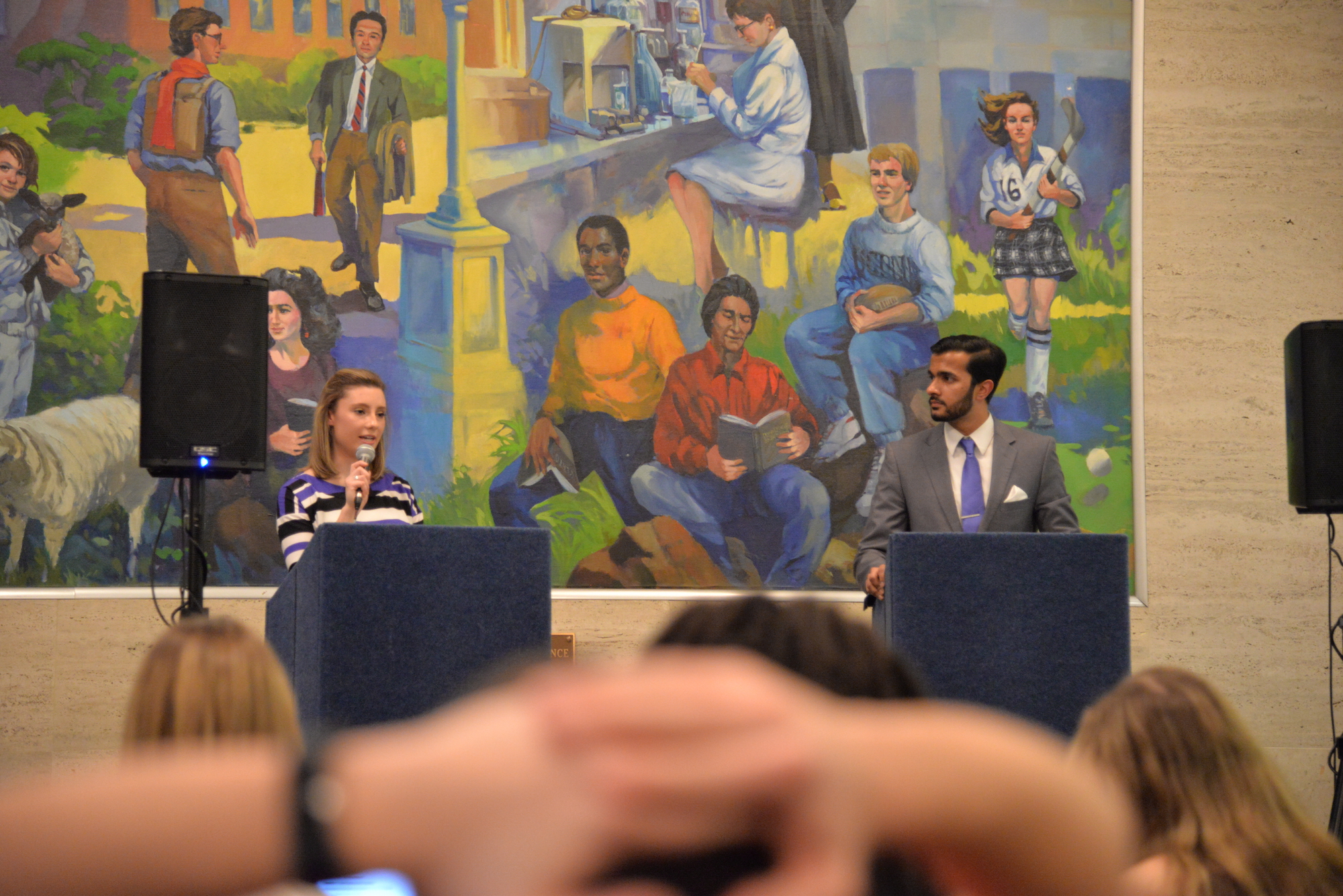 Ven Gopal and Lysette Johnson debate over who would be the best VP in the North Lobby of the Union on on Feb. 23, 2017. (Amar Batra/The Daily Campus)