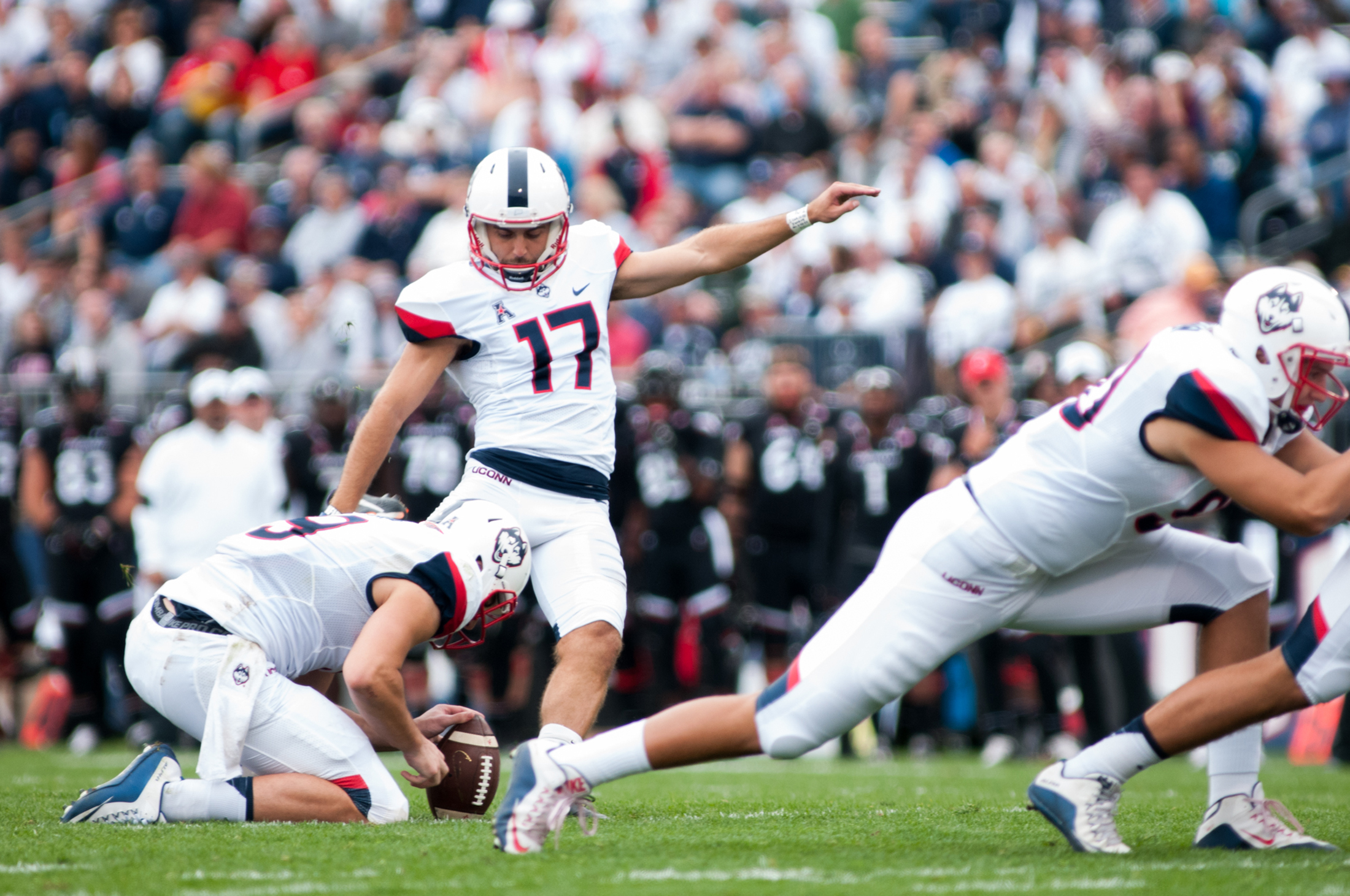 Redshirt Senior Bobby Puyol (17) kicks a field goal during the Huskies 20-9 victory over the Cincinnati Bearcats on Oct. 9, 2016 at Rentschler Field. Puyol will participate in Pro Scouting Day. (Jackson Haigis/The Daily Campus)