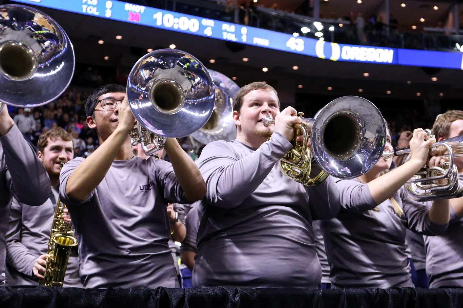 Members of the UConn pep band perform during a timeout.