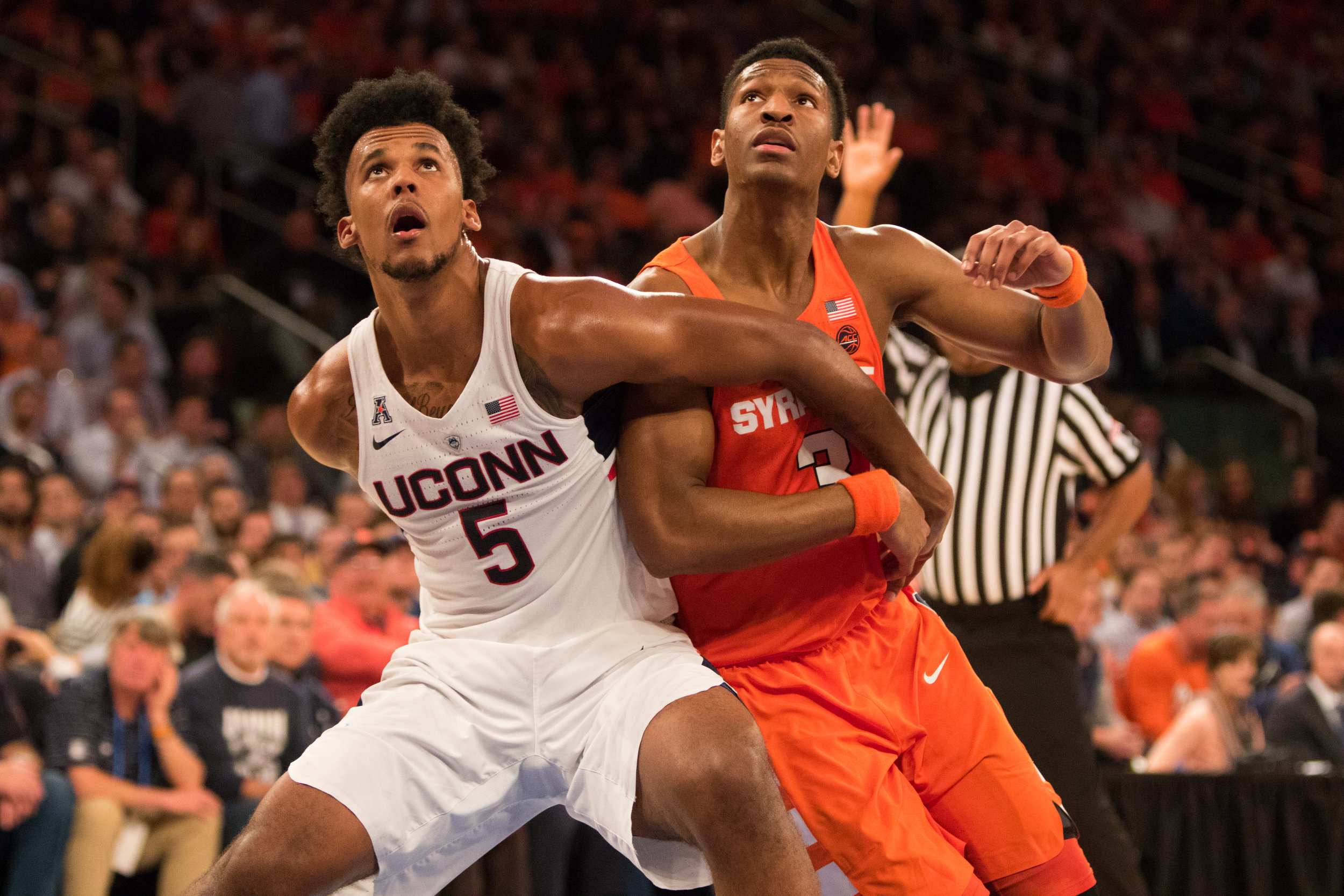 UConn forward Vance Jackson tries to get position against a Syracuse defender during a game at Madison Square Garden in New Yok, N.Y. on Dec. 5, 2016. (Jackson Haigis, Photo Editor/The Daily Campus)