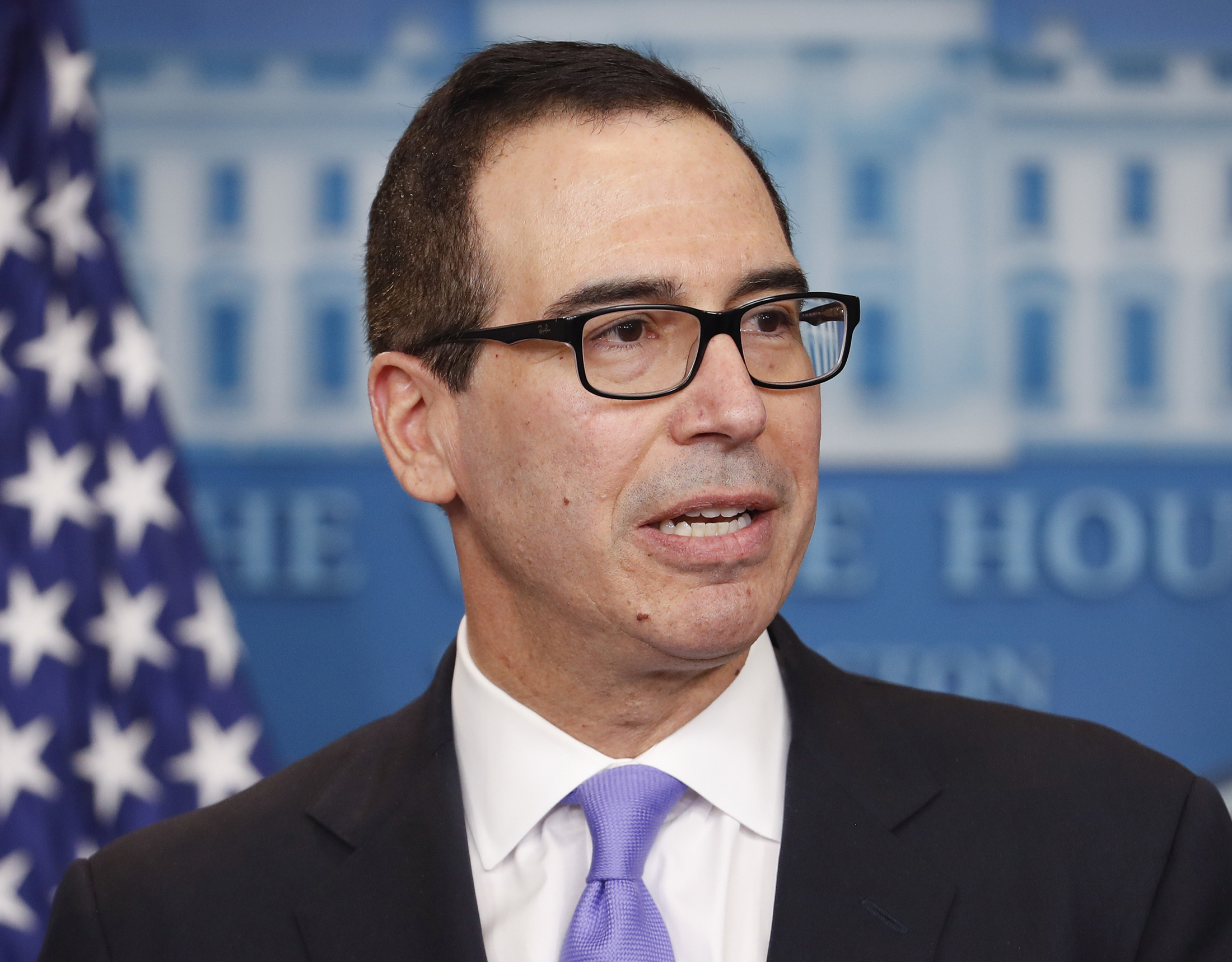 In this Feb. 14, 2017 file photo, Treasury Secretary Steven Mnuchin speaks to the media during the daily briefing in the Brady Press Briefing Room of the White House in Washington. (Pablo Martinez Monsivais/AP)