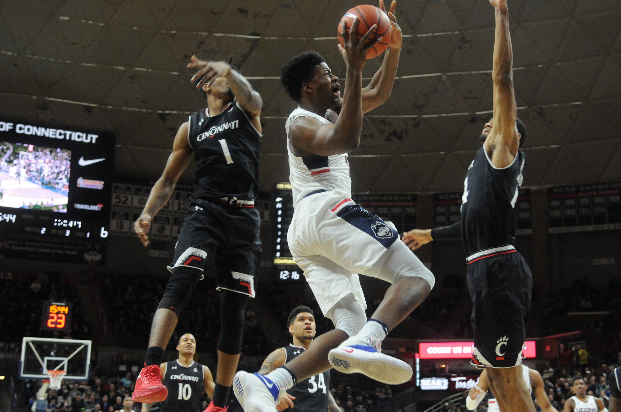 Steve Enoch (picture in white above) is one of the UConn basketball players who have recently announced their intentions to transfer. (Amar Batra/The Daily Campus)