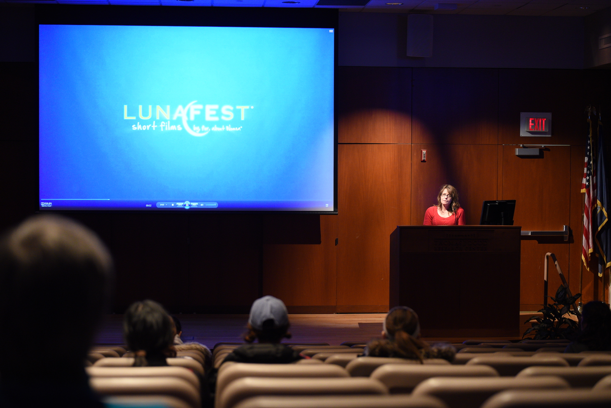 Students and faculty watch films from the annual LUNAFEAST film festival in Konover Auditorium on Thursday, April 6th. LUNAFEST is a traveling film festival of award-winning short films by, for and about women. (Zhelun Lang/The Daily Campus)