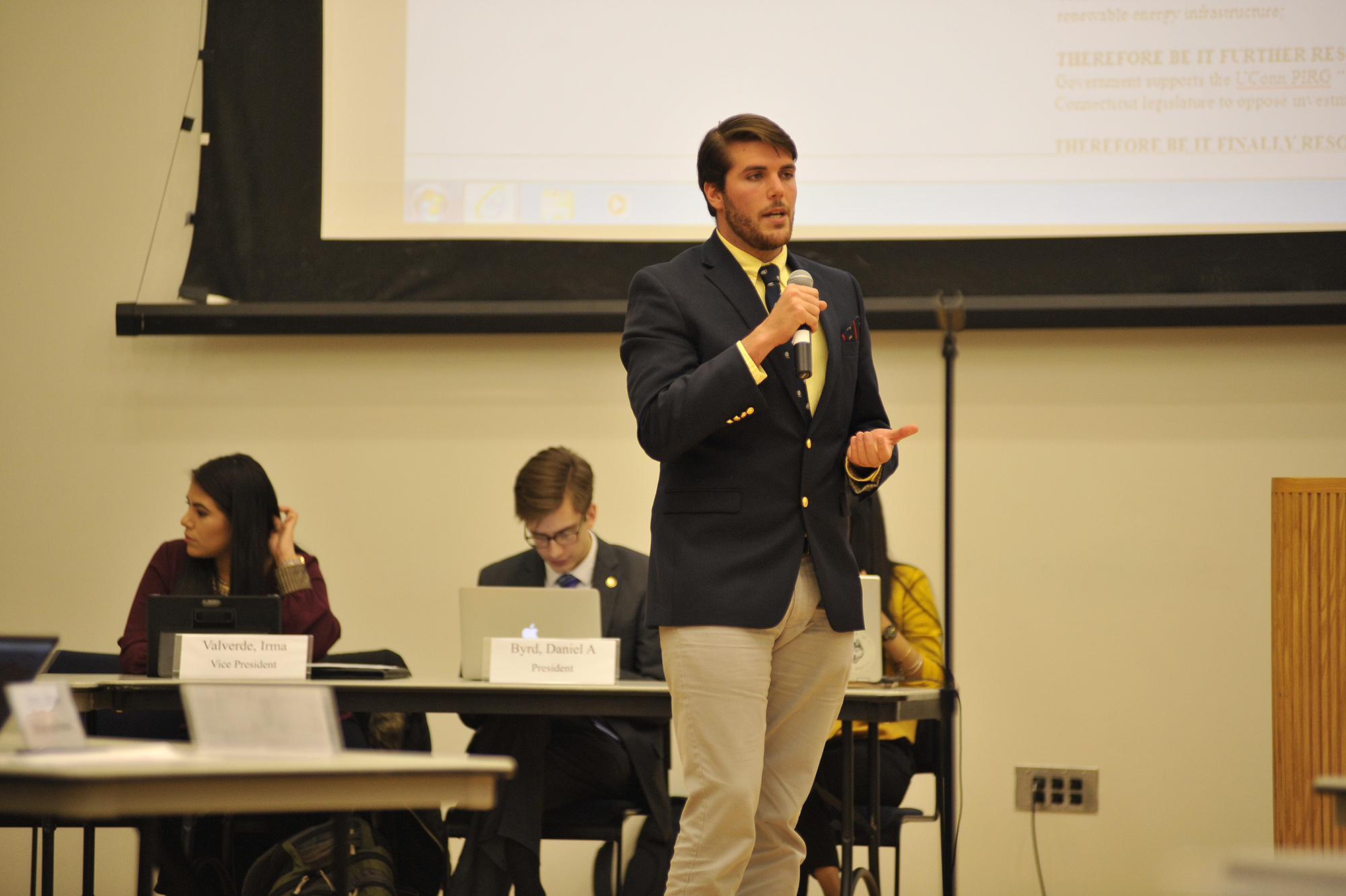 USG senate meeting took place in Student Union ballroom on Wednesday, April. 5 2017. Bills about supporting environmental policy in UConn 2020 Vision and Legality of cannabis in CT was discussed during the meeting. (Jason Jiang/ The Daily Campus)