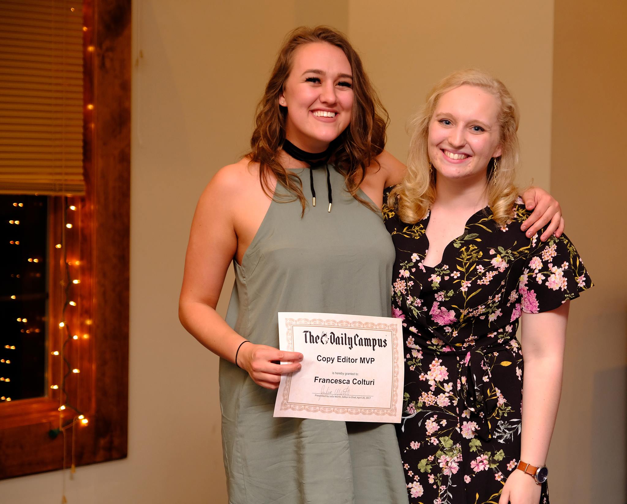 Francesca Colturi, the outgoing associate life editor, and Bailey Wright at the 2017 Daily Campus banquet. (Photo Courtsey Ellen Yang)