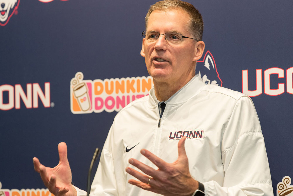 Randy Edsall, the winningest football coach in UConn's history, speaks to reporters at a press conference in the Burton Football Complex about his new recruits for the team on NCAA signing day, Wednesday, Feb. 1, 2017. (File photo/ The Daily Campus)