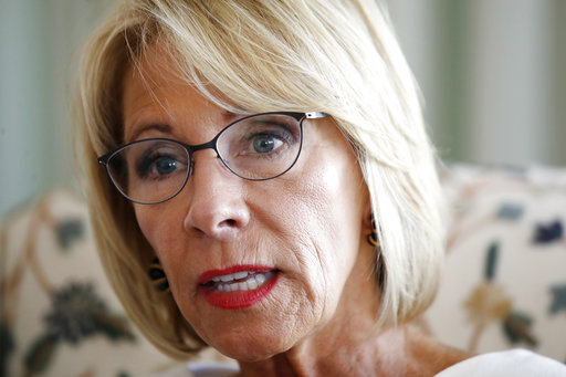 In this Aug. 9, 2017 file photo, Education Secretary Betsy DeVos is interviewed in her office at the Education Department in Washington. Some University of Baltimore students are speaking out against DeVos, their scheduled fall commencement speaker. A crowd of students filed into a courtyard near the school on Monday, Sept. 11, holding protest signs that read “support public schools #neverDeVos” and “We are DeVos-stated.” (AP Photo/Jacquelyn Martin)