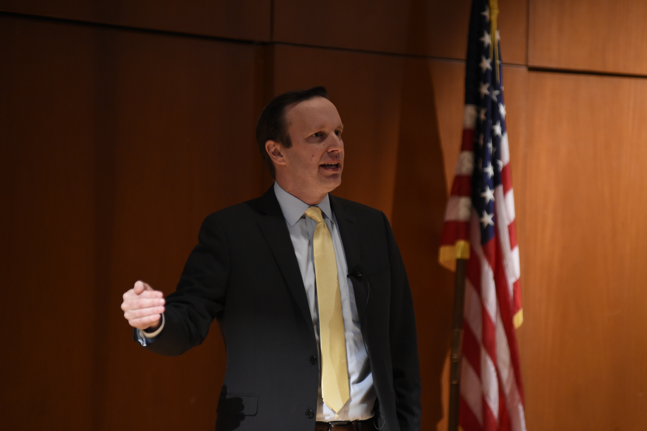 U.S. Senator Chris Murphy talks his new foreign policy proposal, "Rethinking the Battlefield" Konover Auditorium, Dodd Center on Tuesday, April 11, 2017. (Jason Jiang/The Daily Campus)