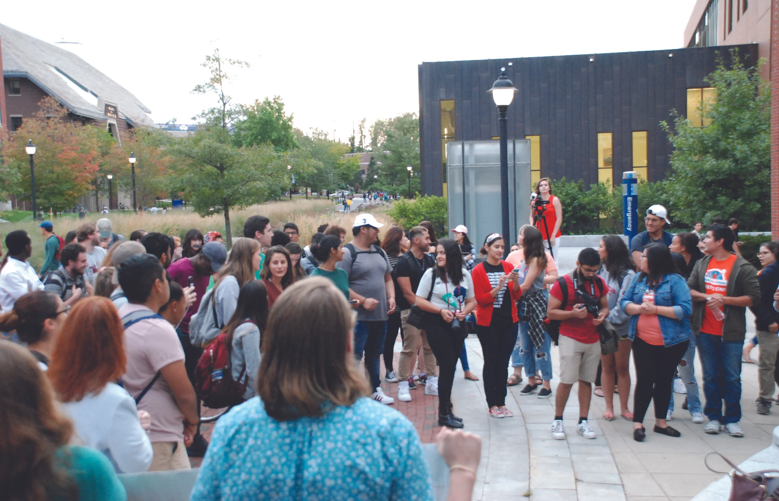 On Monday, September 18, students held a rally outside of the ROWE Center for Undergraduate Education to discuss DACA. (Alexis Taylor/The Daily Campus)