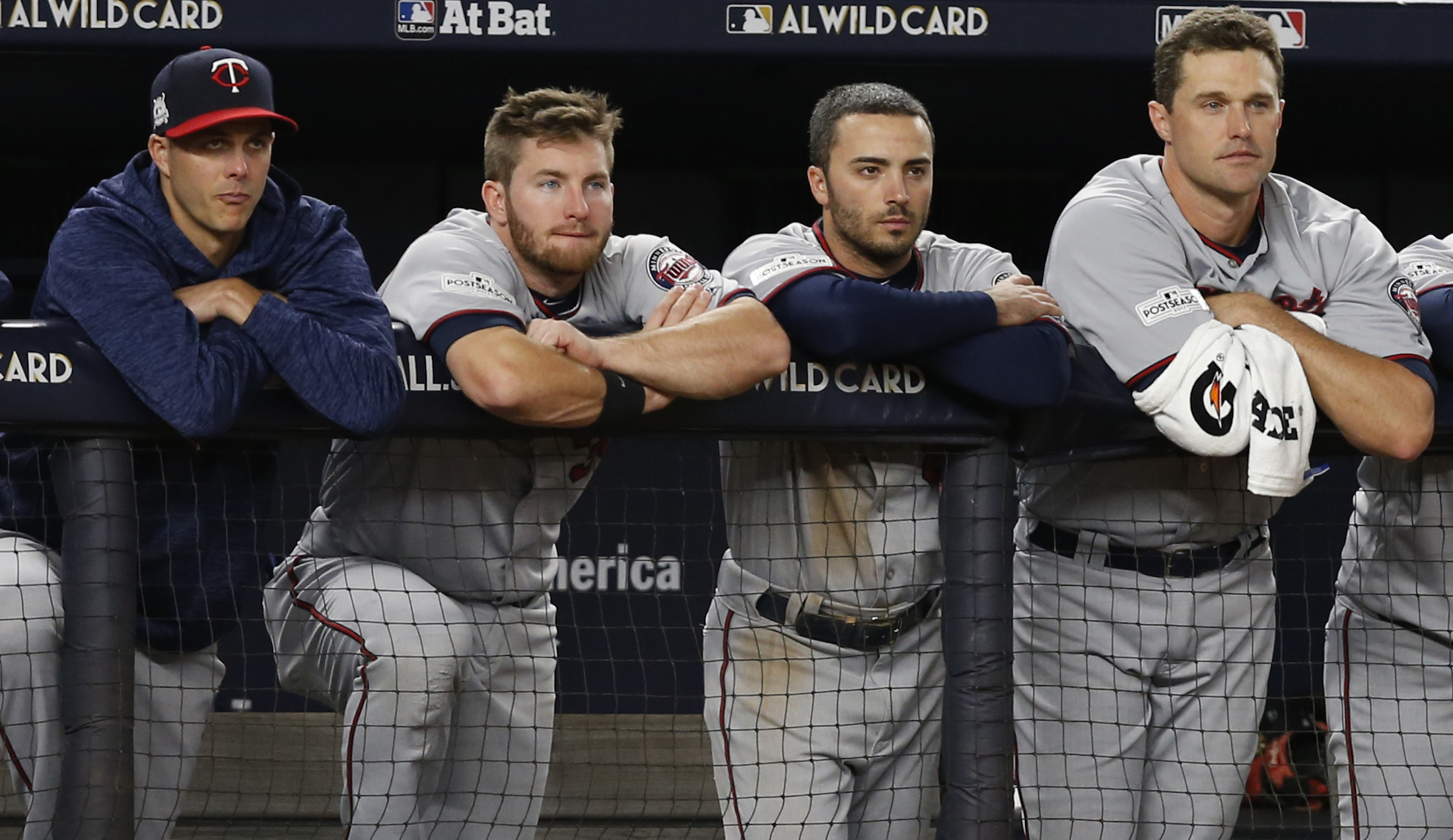 Minnesota Twins players watch during the closing innings of their 8-4 loss in an American League wild-card playoff baseball game against the New York Yankees in New York, Tuesday, Oct. 3, 2017. (AP Photo/Kathy Willens)