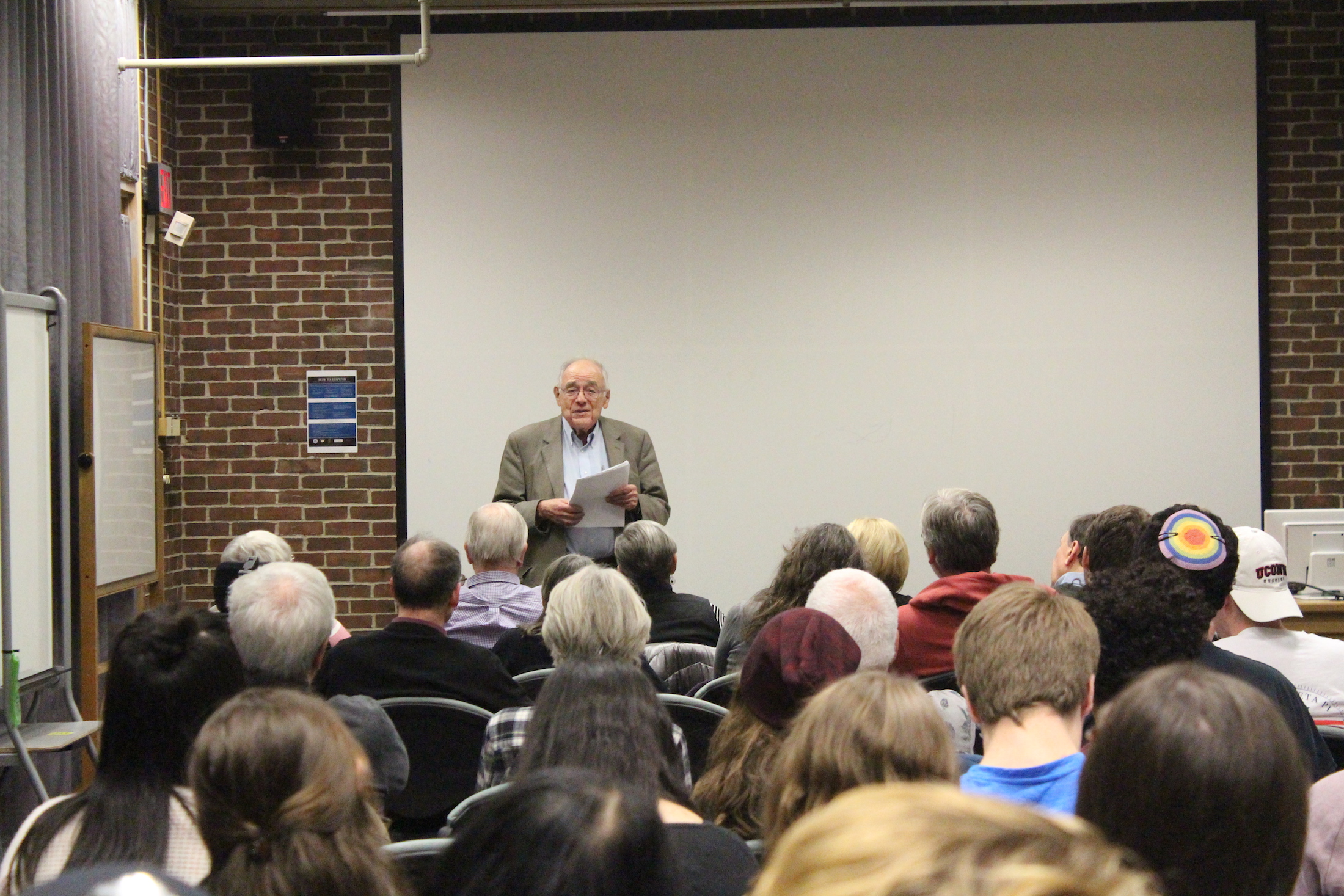 Holocaust survivor Hans Laufer spoke at the Homer Babbidge Library before a screening of "Denial" on Wednesday. (Ryan Murace/The Daily Campus)