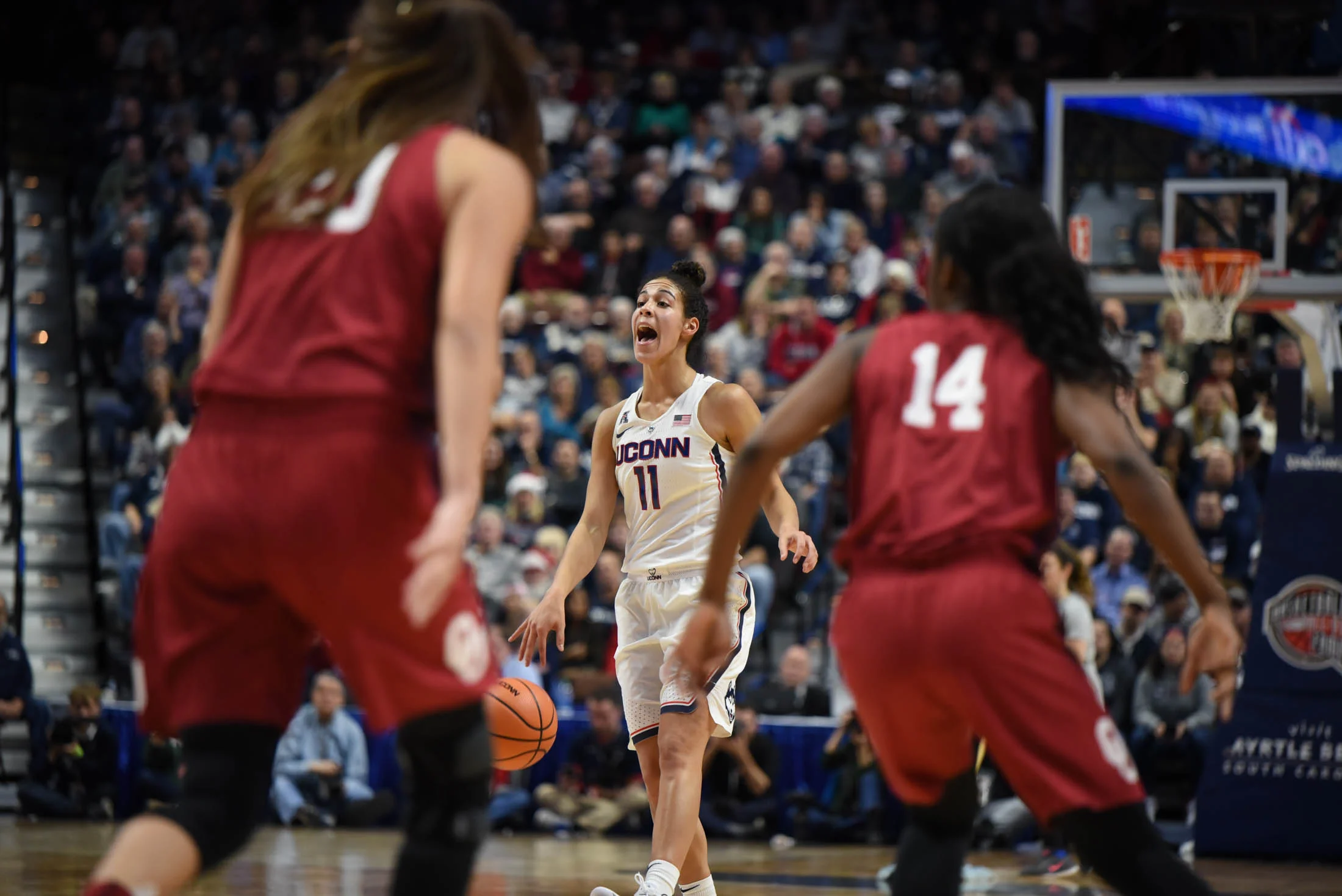 Kia Nurse calls out a play to her teammates during the second half of the game. (Charlotte Lao/The Daily Campus)