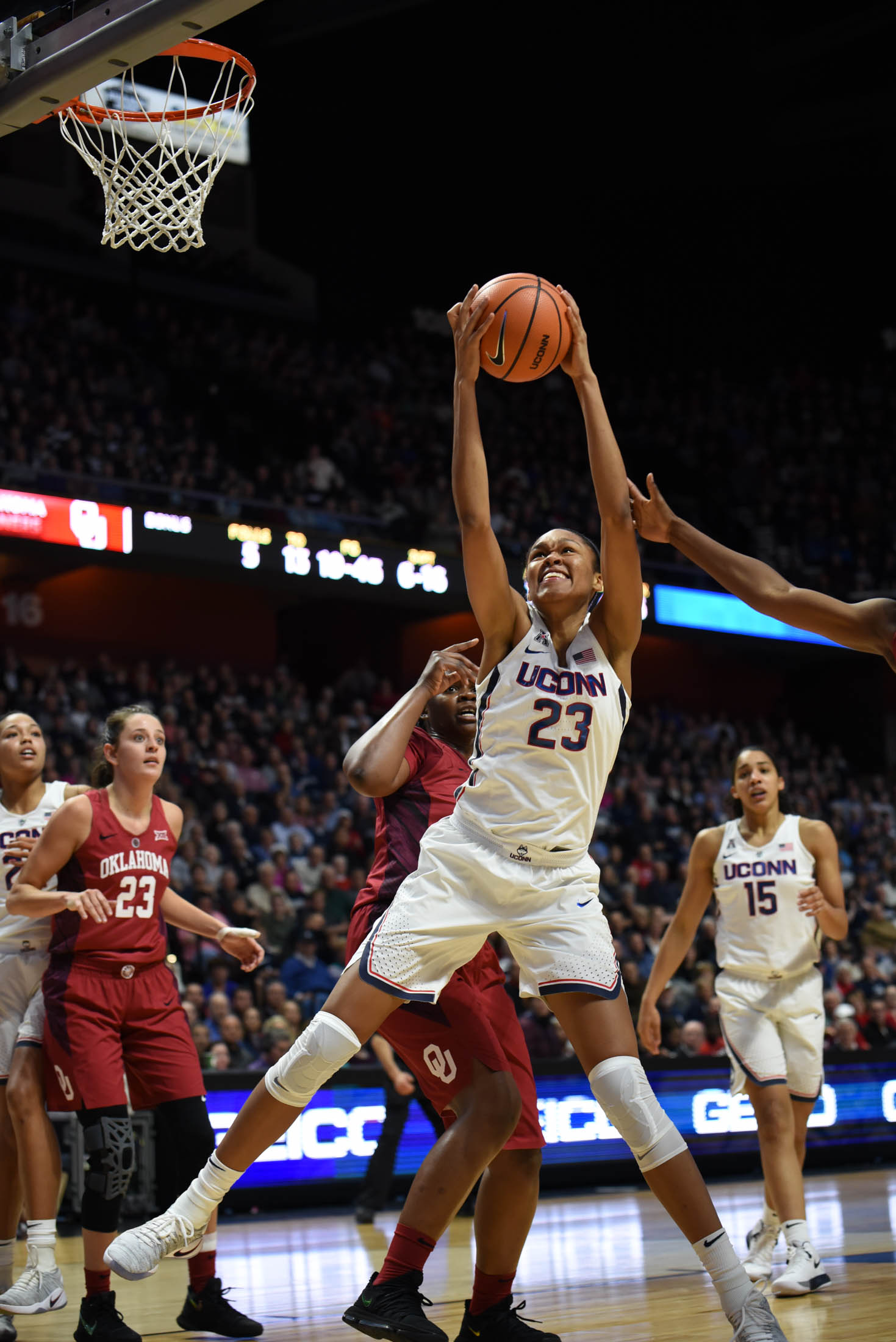 Azurá Stevens goes up for an offensive rebound against Oklahoma. She finishes the game with 20 points. (Charlotte Lao/The Daily Campus)