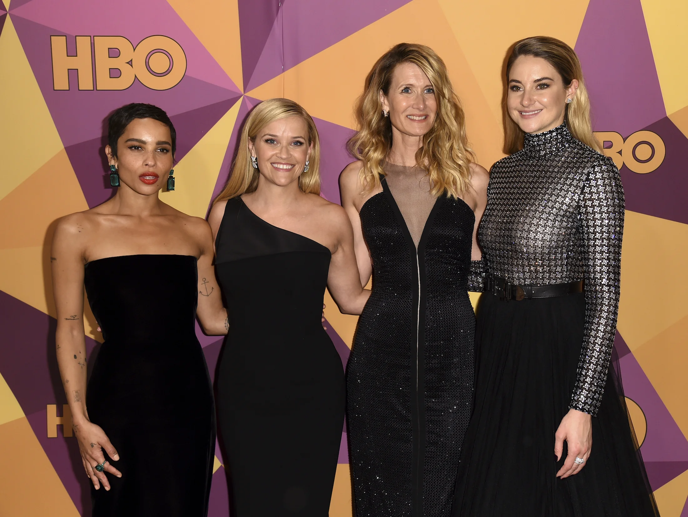 Zoe Kravitz, from left, Reese Witherspoon, Laura Dern, and Shailene Woodley arrive at the HBO Golden Globes afterparty at the Beverly Hilton Hotel on Sunday, Jan. 7, 2018, in Beverly Hills, Calif. (Photo by Richard Shotwell/Invision/AP)