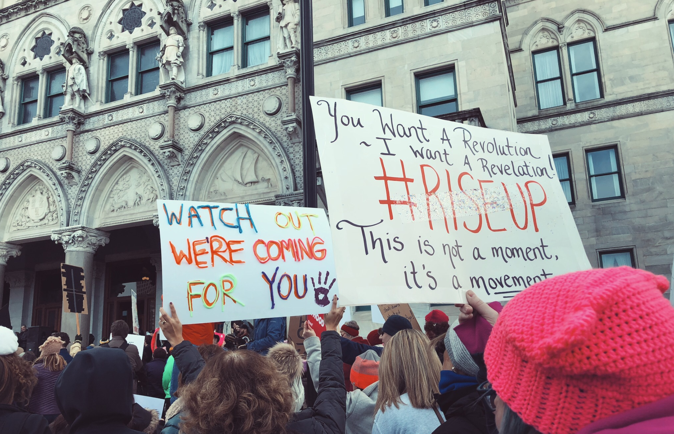 Thousands of people wearing “pussy hats,” shouting chants and carrying witty posters stretched as far as the eye could see, filling what felt like every block in New York City for the annual Women's March. (Armana Islam/The Daily Campus)