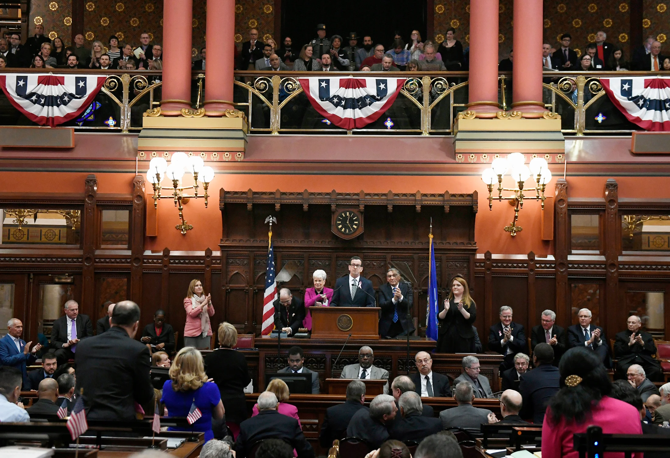 Connecticut Gov. Dannel P. Malloy delivers his State of the State speech during opening session at the state Capitol, Wednesday, Feb. 7, 2018, in Hartford, Conn. (AP Photo/Jessica Hill)