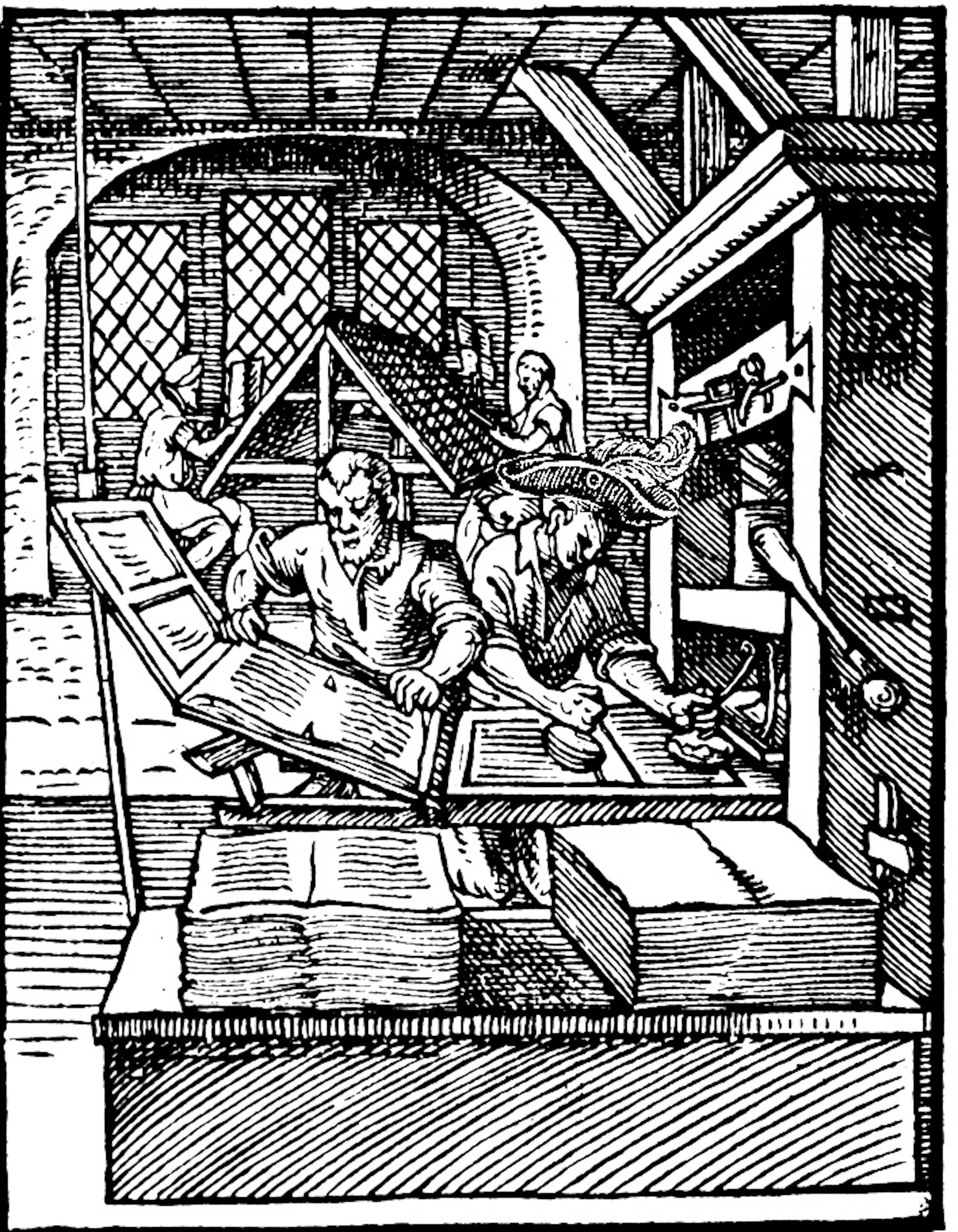 A publishing company's workers on a printing press. John Wolfe was a notorious copyright infringer among 16th century publishers. Photo credit to Wikimedia Commons (with modification).