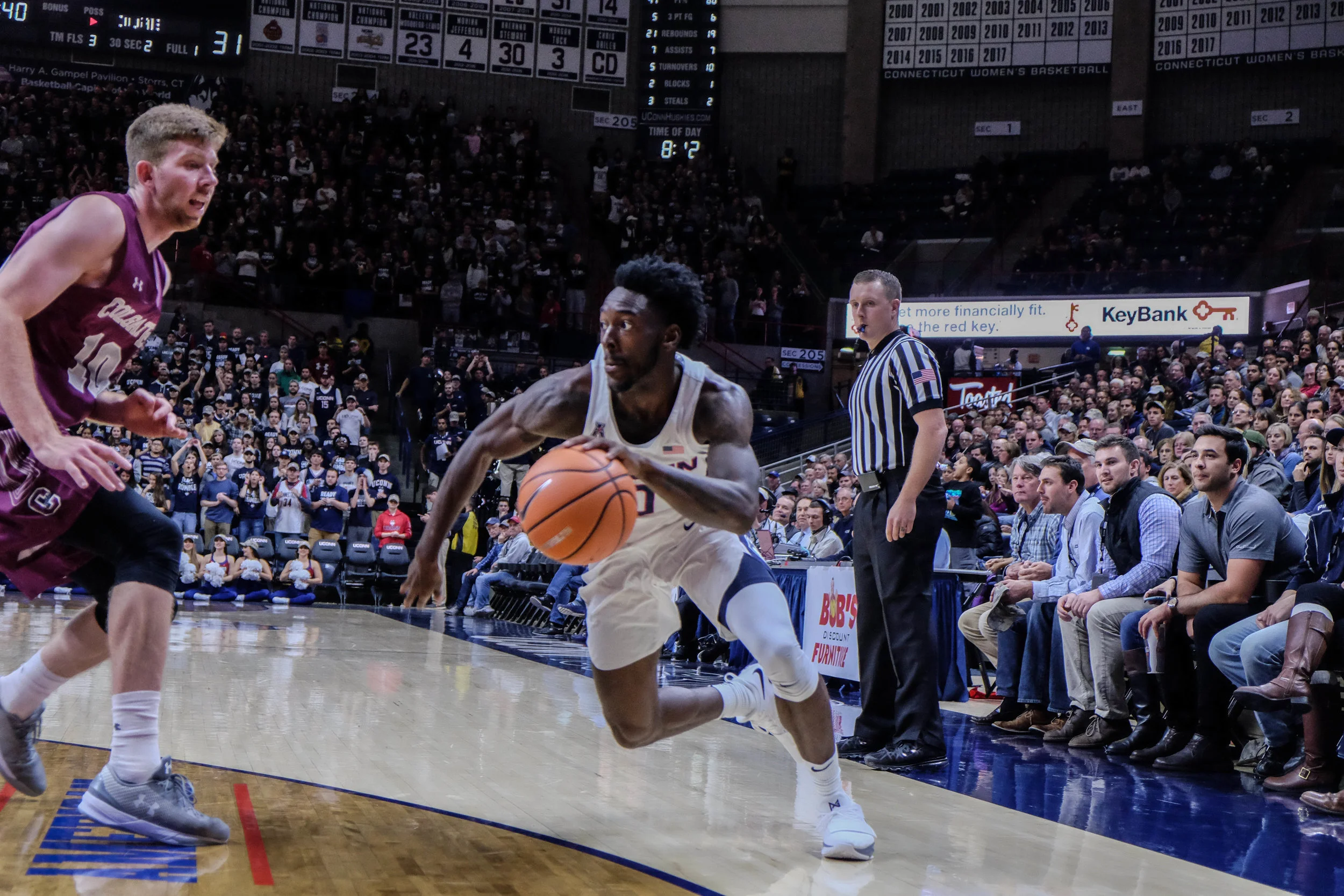 Antwoine Anderson, a Graduate Student Guard, makes sure to put the pressure on in the early moments of the game.
