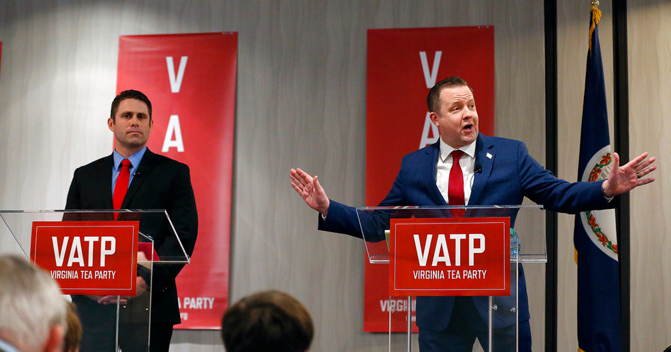 Nick Freitas, left, and Corey Stewart participate in a U.S. Senate candidate debate at the Virginia Tea Party annual convention in Richmond Va., on Saturday, March 17, 2018. (Mark Gormus/Richmond Times-Dispatch via AP)
