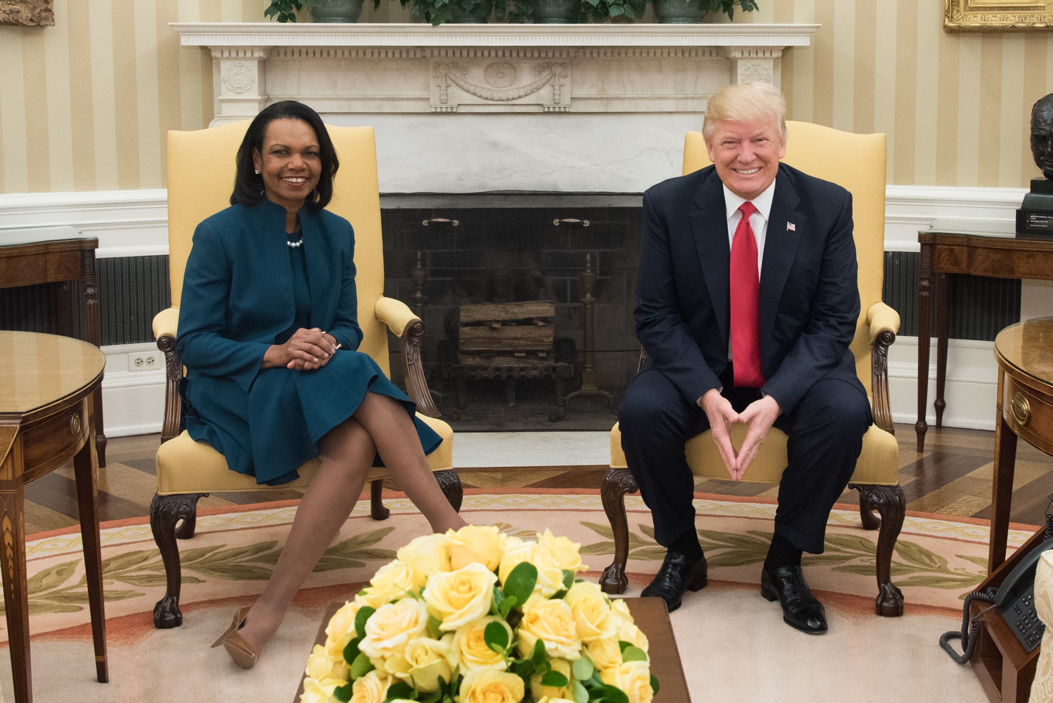 President Donald Trump meets with former Secretary of State Condoleezza Rice in the Oval Office, Friday, March 31, 2017. (D. Myles Cullen/Wikimedia Creative Commons)