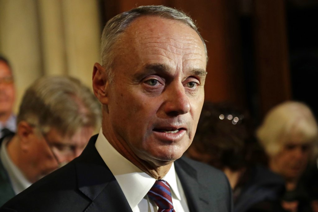 Major League Baseball Commissioner Rob Manfred speaks after a memorial mass for New York Mets Hall of Famer Rusty Staub at St. Patrick's Cathedral, Wednesday, April 25, 2018, in New York. (AP Photo/Frank Franklin II)