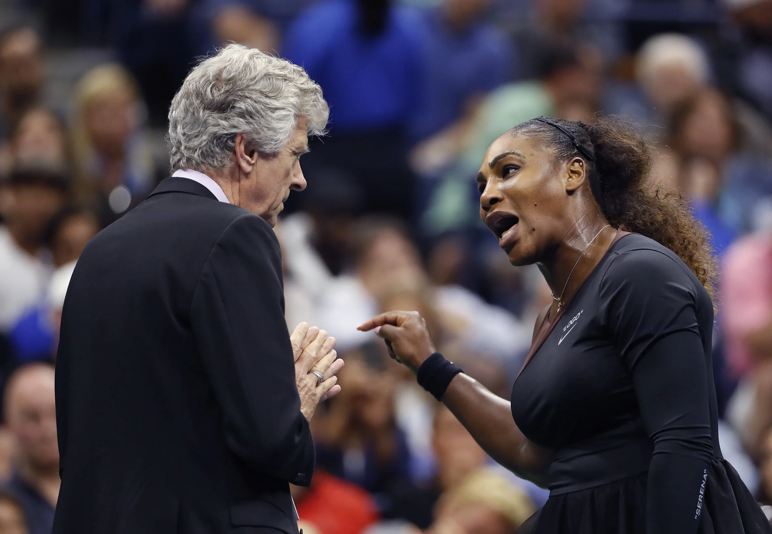 In this Saturday, Sept. 8 file photo, Serena Williams, right, talks with referee Brian Earley during the women's final of the U.S. Open tennis tournament against Naomi Osaka, of Japan, in New York. (Adam Hunger, File/AP)
