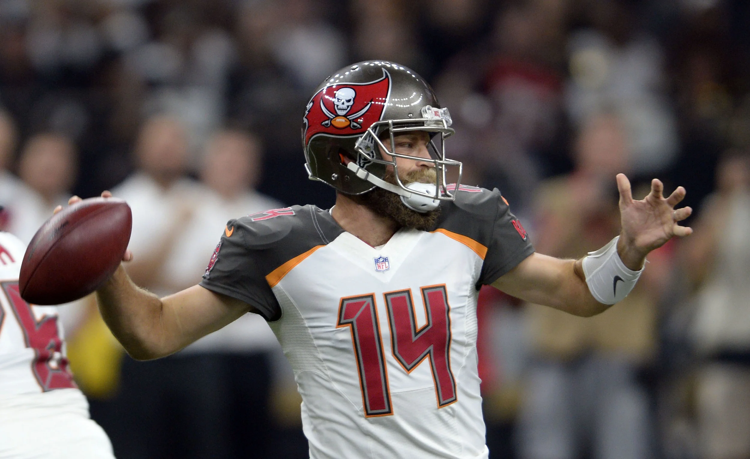 Tampa Bay Buccaneers quarterback Ryan Fitzpatrick passes in the first half against the New Orleans Saints in New Orleans, Sunday, Sept. 9, 2018. (AP Photo/Bill Feig)