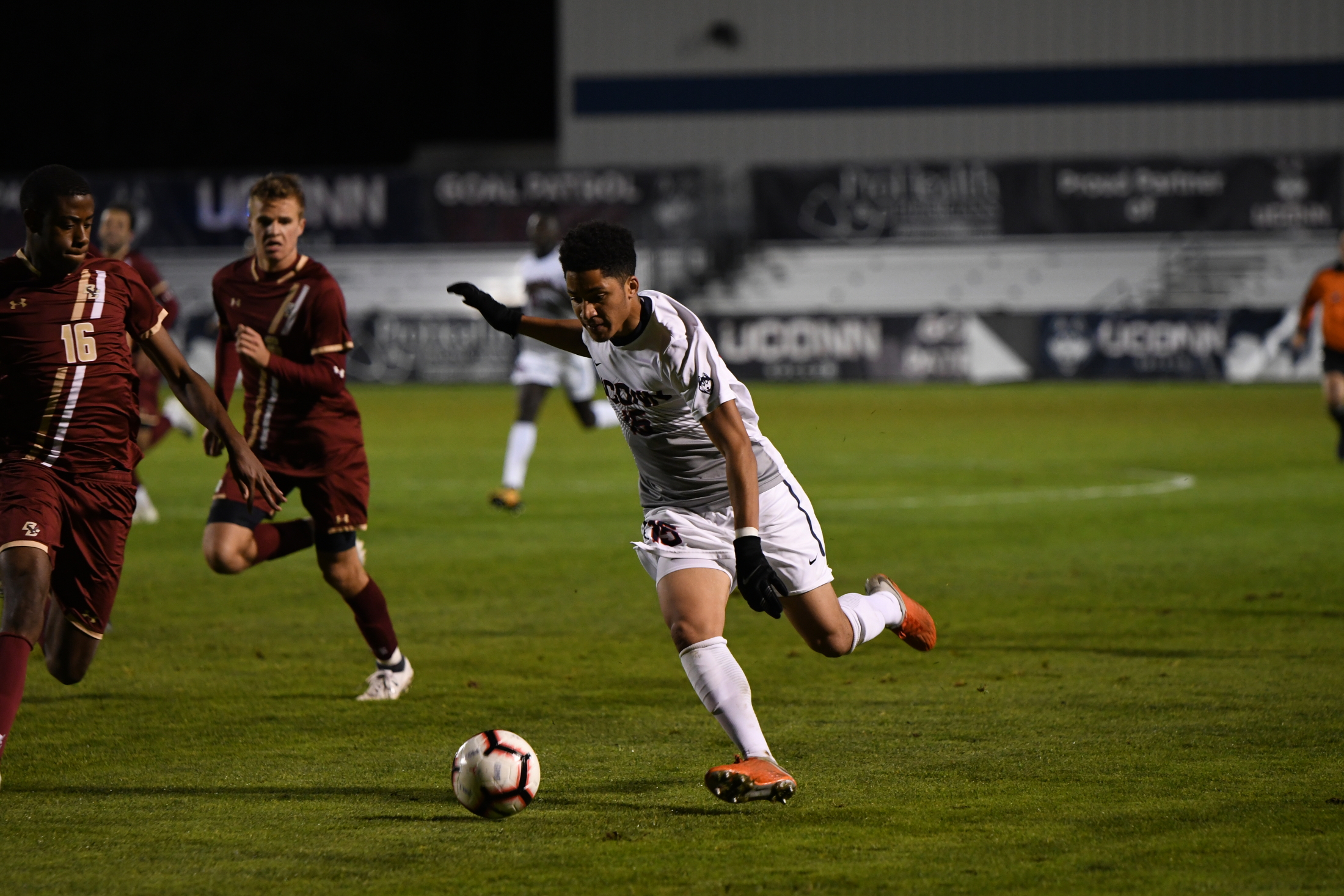 The Men's Soccer team defeats Boston College 3-2 on Tuesday night. Their next home game is this coming Saturday at 7 against Temple University (Charlotte Lao/The Daily Campus)