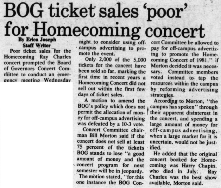 The original concert booked by BOG was Harry Chapin, but after his death in July 1981, Ray Charles was the “next best show available,” Morton said. (Photo provided by writer)