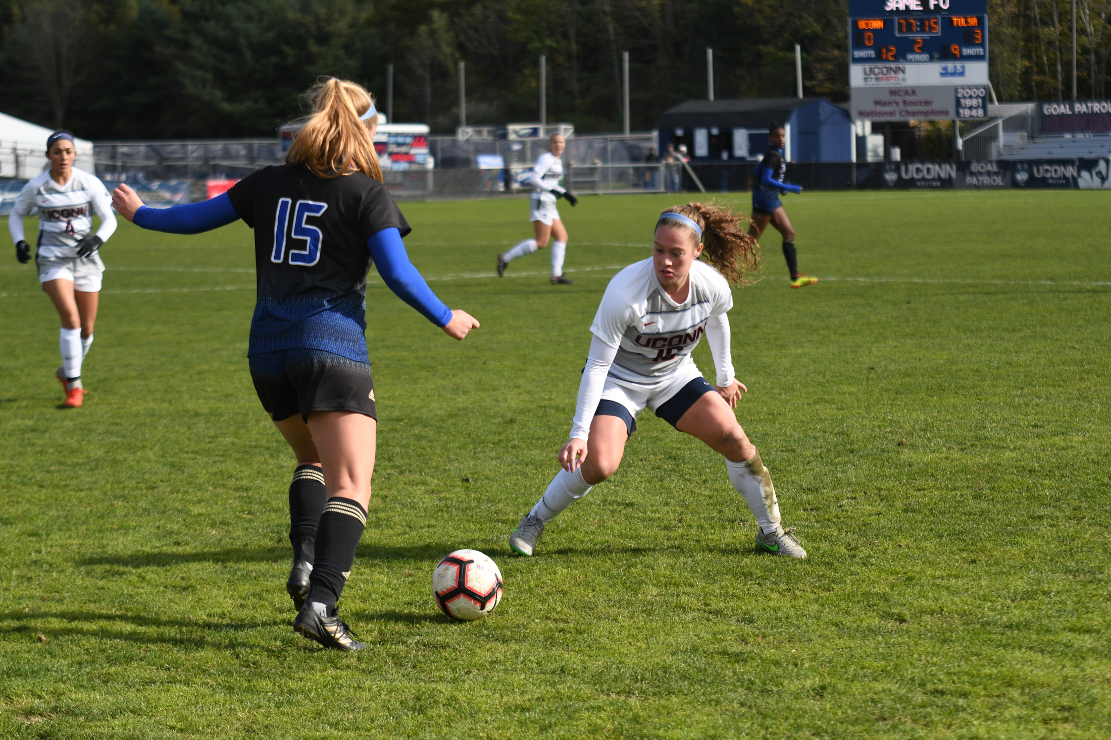 Senior captain Liane Keegans defends against Tulsa on Senior Day (Eric Wang/The Daily Campus)