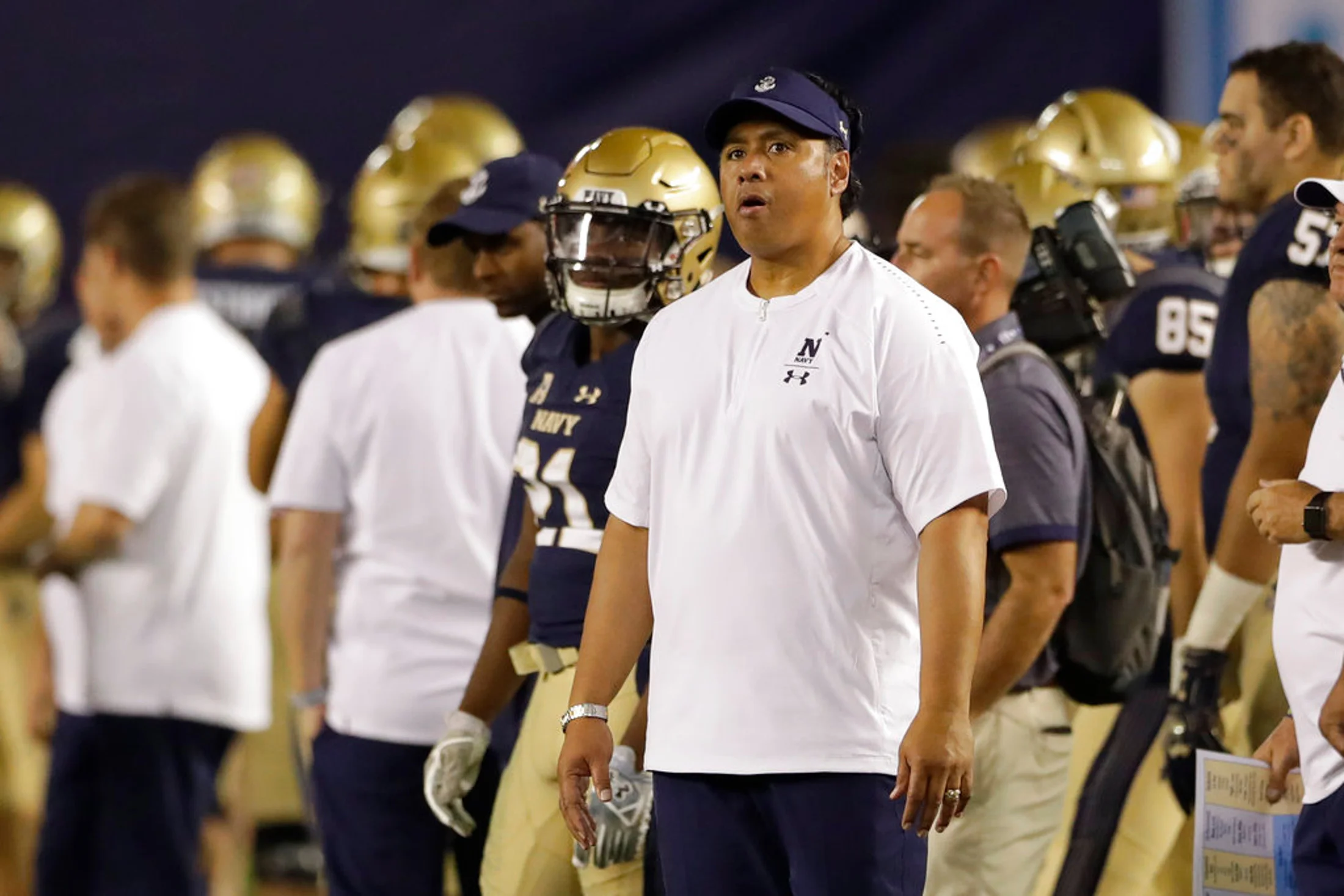 Navy head coach Ken Niumatalolo looks on during the second half of an NCAA college football game against Notre Dame, Saturday, Oct. 27, 2018, in San Diego. (AP Photo/Gregory Bull)