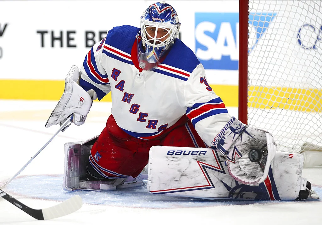New York Rangers goalie Henrik Lundqvist makes a save in overtime during an NHL hockey game against the San Jose Sharks Tuesday, Oct. 30, 2018, in San Jose, Calif. (AP Photo/Ben Margot)