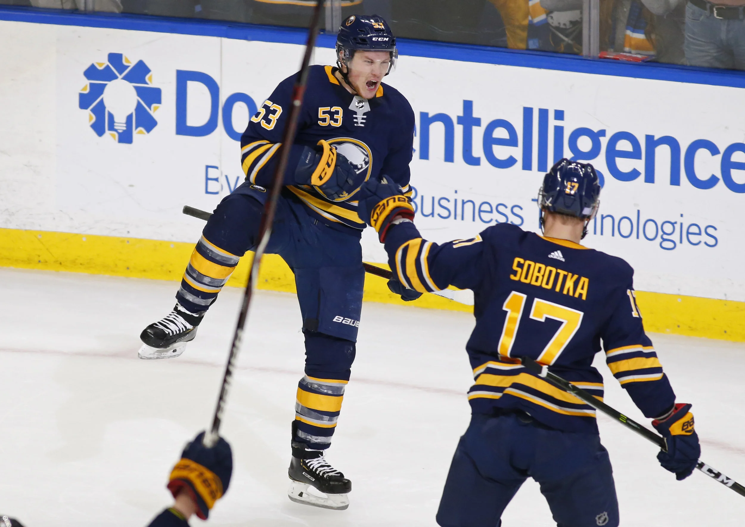 Buffalo Sabres forward Jeff Skinner (53) celebrates his game-winning goal following the overtime period against the San Jose Sharks, in Buffalo N.Y. (AP Photo/Jeffrey T. Barnes)