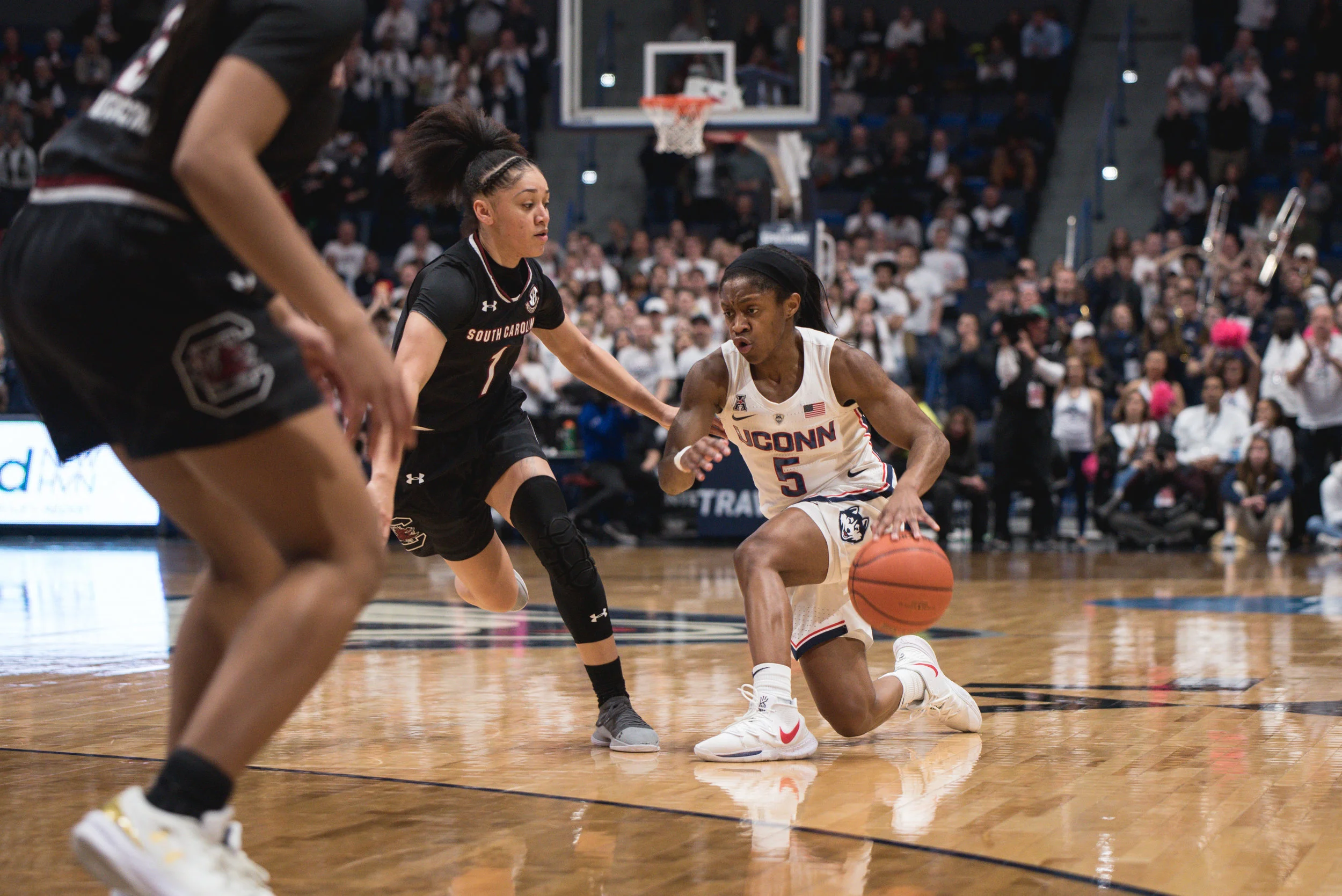 Junior guard Crystal Dangerfield drives against the Gamecock defense on Monday night (Charlotte Lao/The Daily Campus)