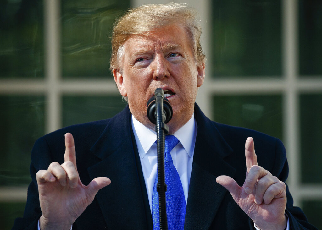 In this Friday, Feb. 15, 2019, file photo, President Donald Trump declares a national emergency in order to build a wall along the southern border during an event in the Rose Garden at the White House in Washington. California Attorney General Xavier Becerra filed a lawsuit Monday, Feb. 18, 2019, against Trump's emergency declaration to fund a wall on the U.S.-Mexico border. Becerra released a statement Monday saying 16 states — including California — allege the Trump administration's action violates the Constitution. (AP Photo Evan Vucci, File)