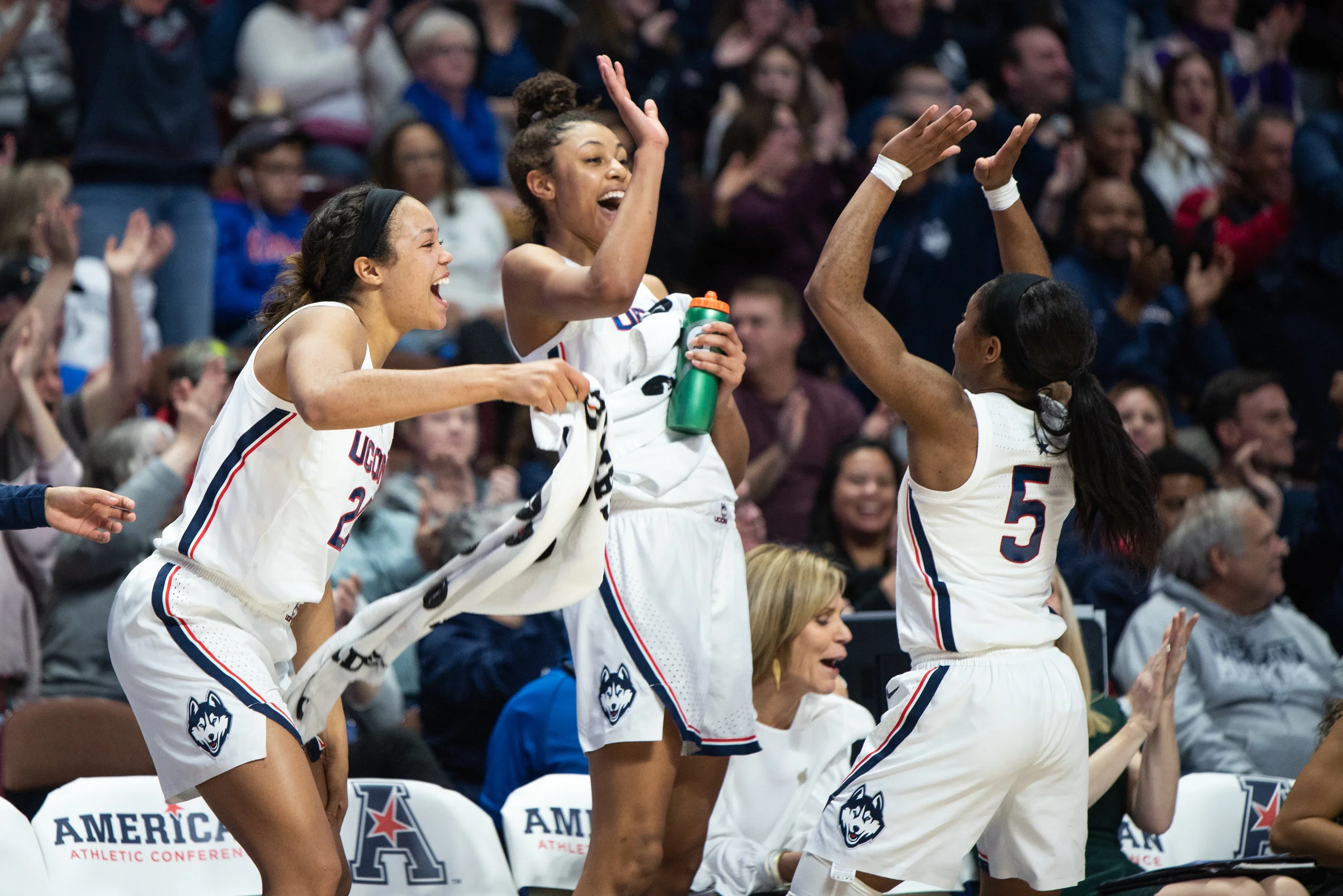 The Huskies celebrate after yet another American Conference win. (Charlotte Lao/The Daily Campus)