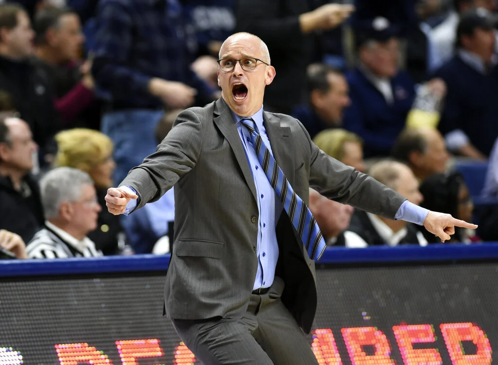 Connecticut head coach Dan Hurley reacts to a foul call in the first half of an NCAA college basketball game against Temple, Thursday, March 7, 2019, in Storrs, Conn. The Huskies bounced back Sunday afternoon in their final game of the regular season against East Carolina. (AP Photo/Stephen Dunn)