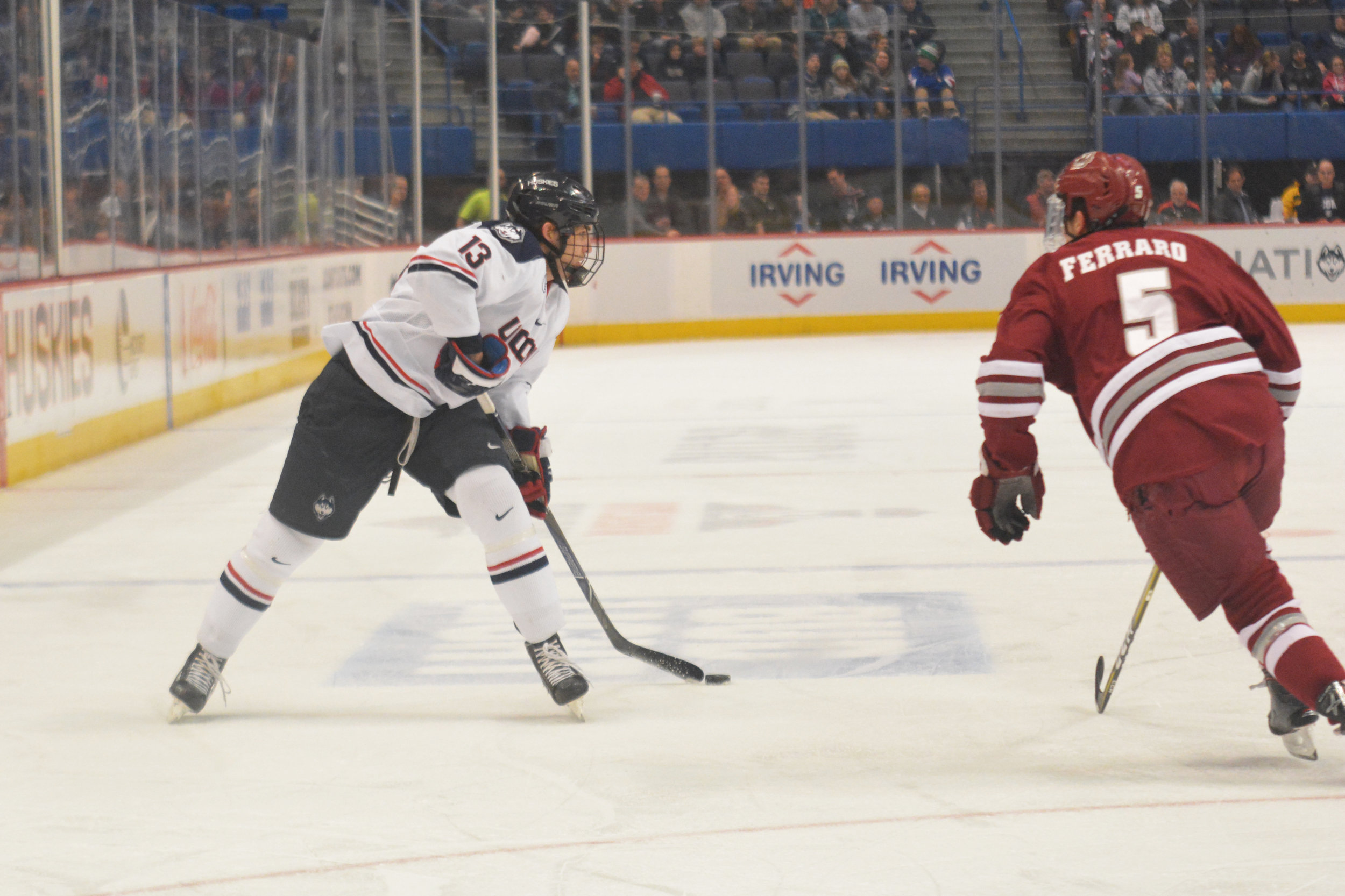 Seniors Miles Gendron, Max Kalter and Karl El-Mir went out on a high note, as the Huskies were able to pull off a massive upset 4-3 win over No. 2 UMass. (Eric Wang/ The Daily Campus)