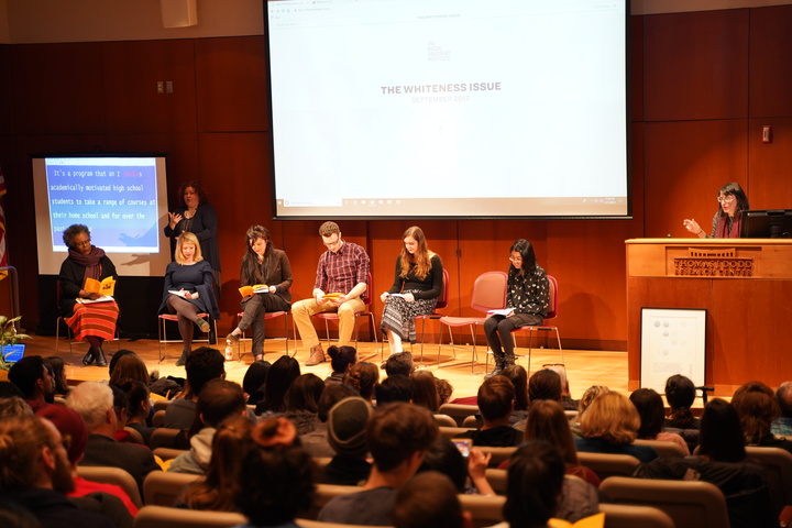 Winner of poetry competition read their work before the speech of Claudia Rankine. Claudia Rankine, a 2016 MacArthur Fellow, is the author of five collections of poetry and uses poetry, essay, cultural criticism, and visual images, to explore what it means to be an American citizen in a “post-racial” society. (Congyang An/The Daily Campus)