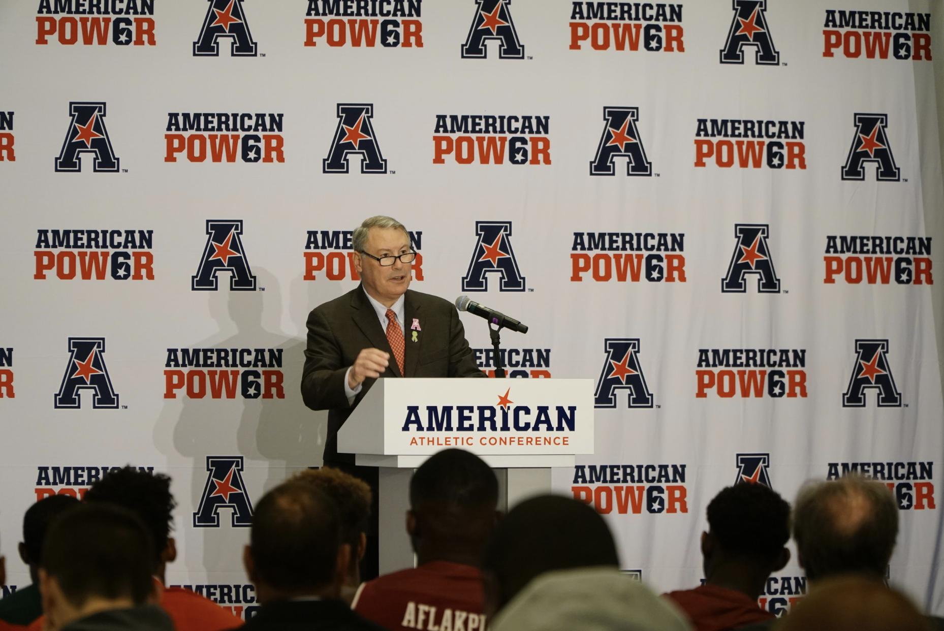 Mike Aresco, commissioner of the American Athletic Conference, addresses the crowd. (Eric Wang/The Daily Campus)
