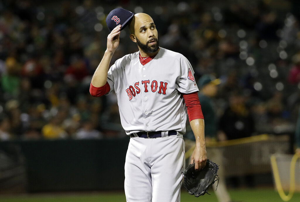 Boston Red Sox pitcher David Price walks off the mound after the sixth inning of a baseball game against the Oakland Athletics in Oakland, Calif., Monday, April 1, 2019. (AP Photo/Jeff Chiu)