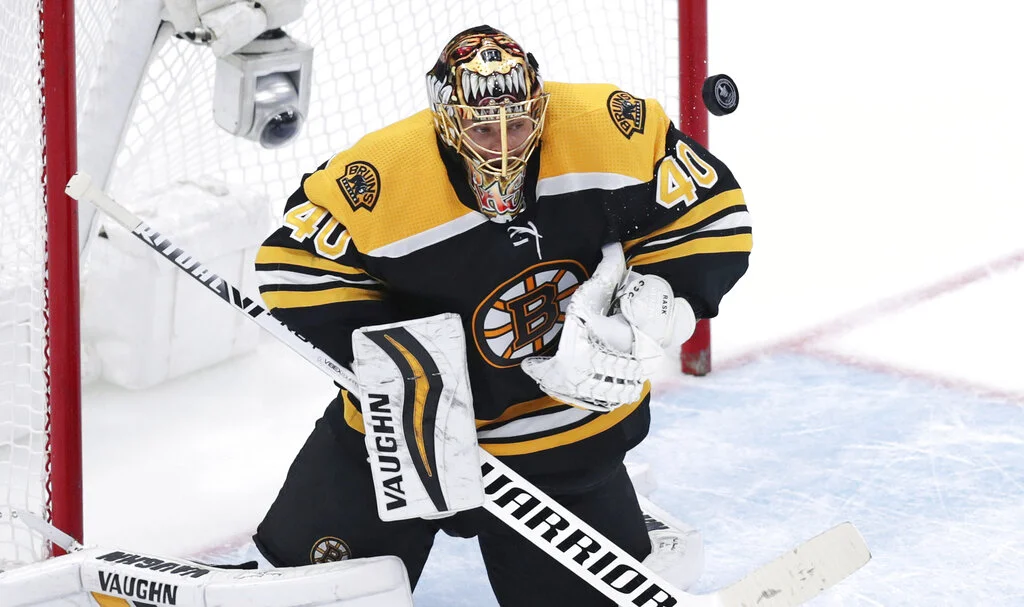 Boston Bruins goaltender Tuukka Rask makes a save during the third period of Game 7 of an NHL hockey first-round playoff series against the Toronto Maple Leafs, Tuesday, April 23, 2019, in Boston. (AP Photo/Charles Krupa)