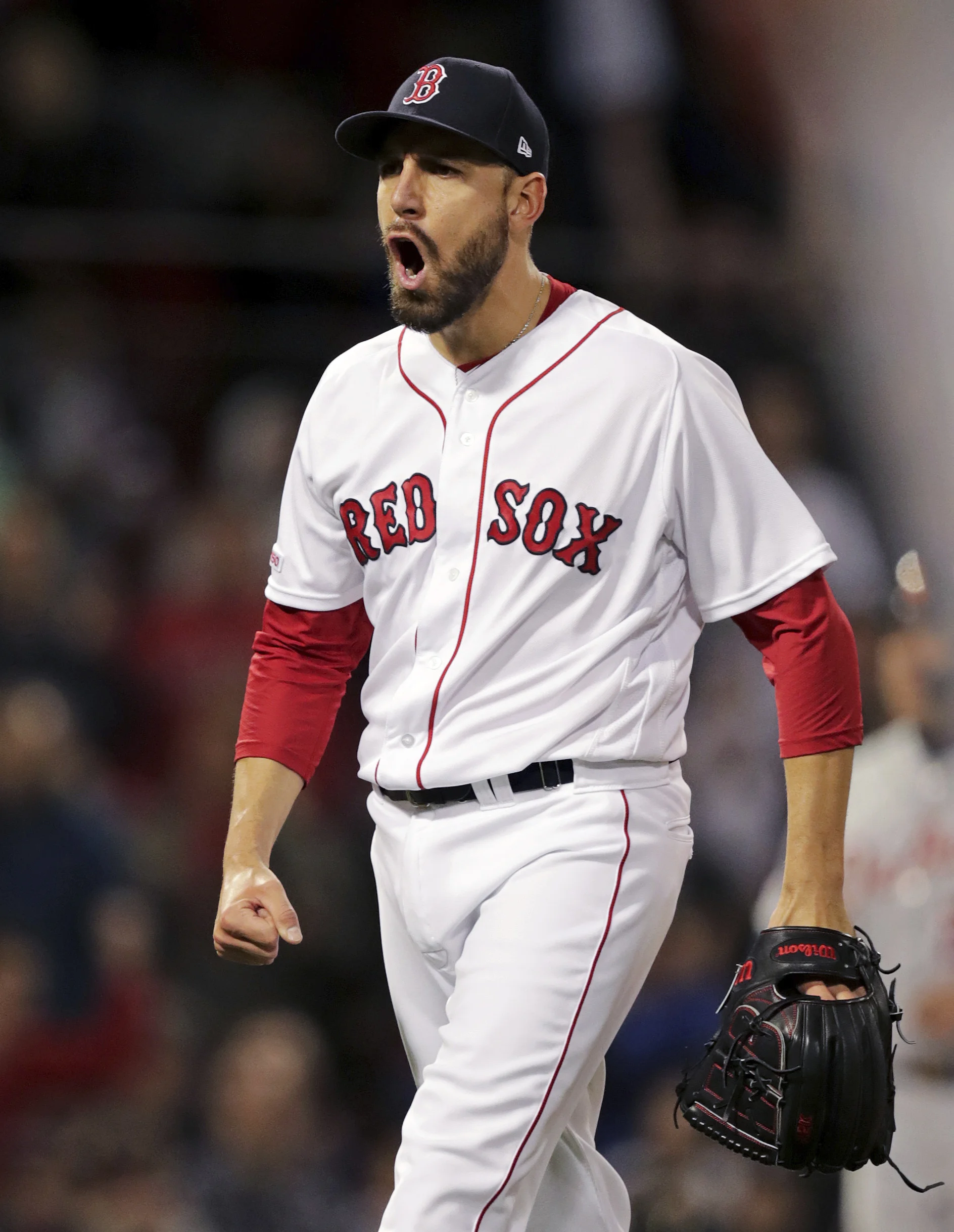 Boston Red Sox relief pitcher Matt Barnes yells after striking out Detroit Tigers' Ronny Rodriguez with bases loaded to end the top of the eighth inning of a baseball game at Fenway Park, Wednesday, April 24, 2019, in Boston. (AP Photo/Charles Krupa)