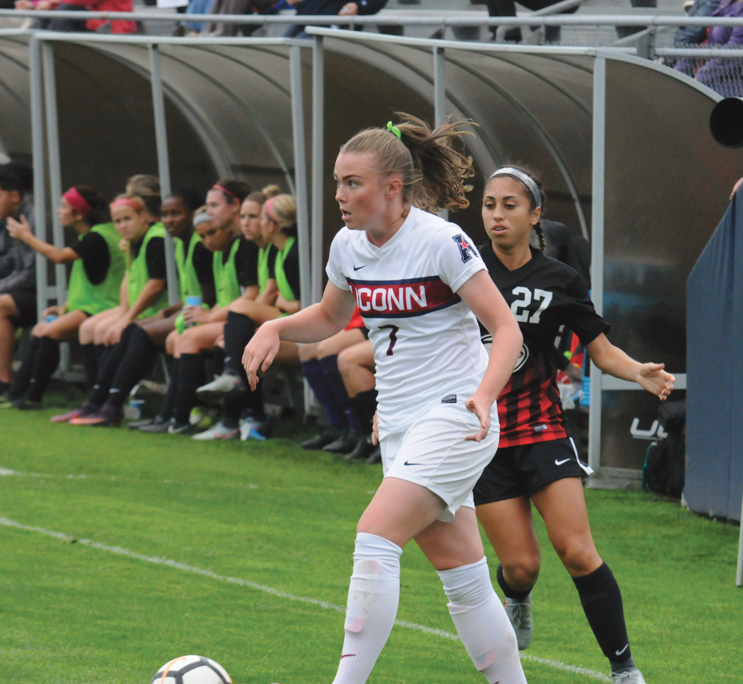 Kess Elmore set up the best opportunity of the day when she sent a cross to Regan Schiappa but it did not result in a goal. Photo by Matthew Pickett, Staff Photographer/Daily Campus