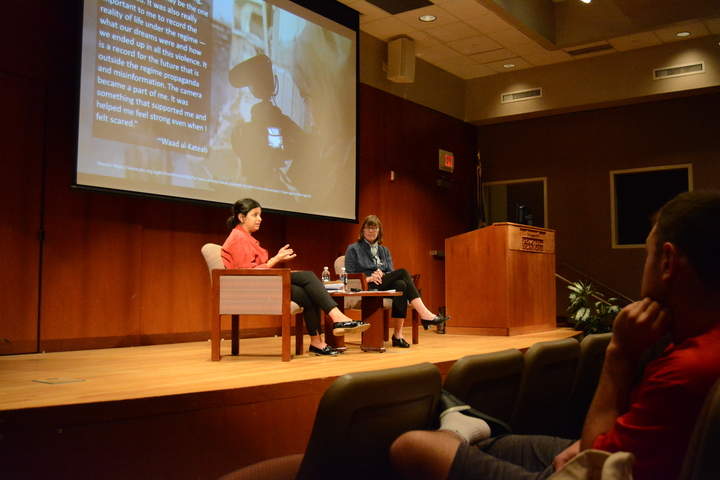 Sana Mustafa, a Syrian refugee, takes questions from the audience following the screening of the documentary “For Sama” to discuss her personal experiences with the Syrian "civil war” in the Dodd Research Center Tuesday. Photo by Spencer Bennett / The Daily Campus
