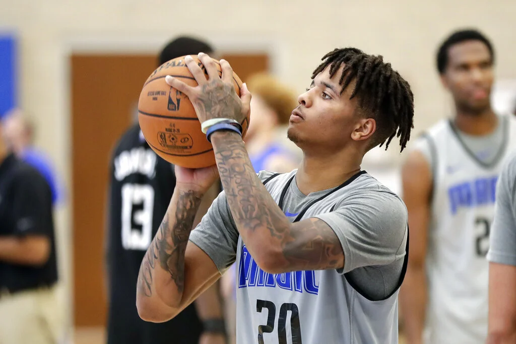 Orlando Magic guard Markelle Fultz lies up a shot during an NBA basketball practice, Tuesday, Oct. 1, 2019. Photo by John Raoux/AP