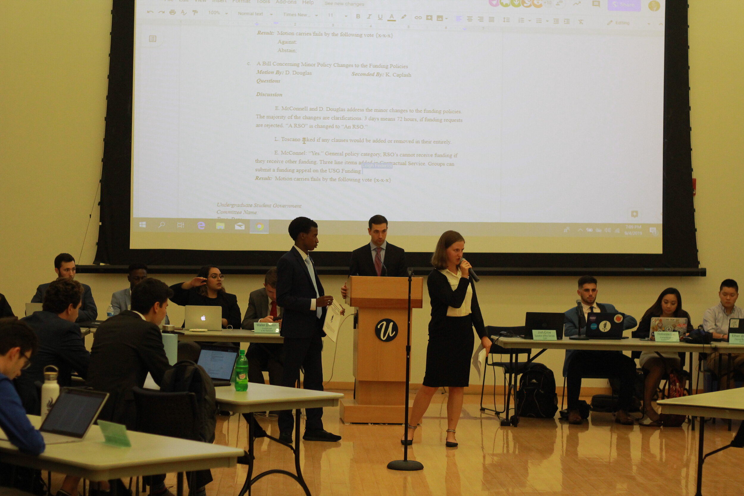 One of the first USG Senate meetings of the year begins with discussion over the editing of certain bylaws and procedures within the organization. Newly appointed staff members introduce themselves. Photo by Matthew Pickett / The Daily Campus